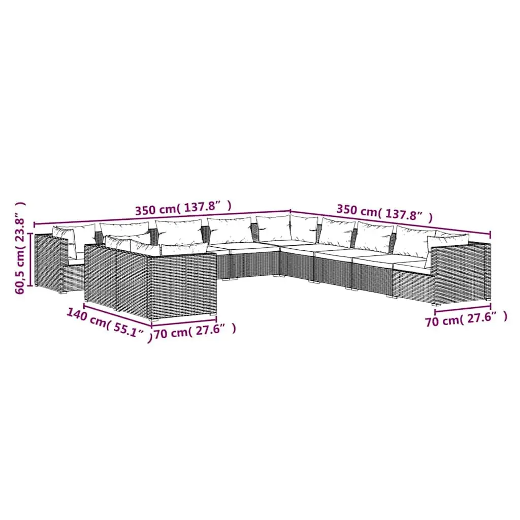 Garden Lounge Set 11 Piece Grey Poly Rattan Outdoor Furniture Sofa with Cushions