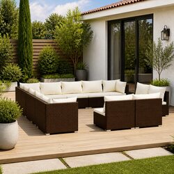 13 Piece Poly Rattan Garden Lounge Set Brown Outdoor Furniture with Cushions