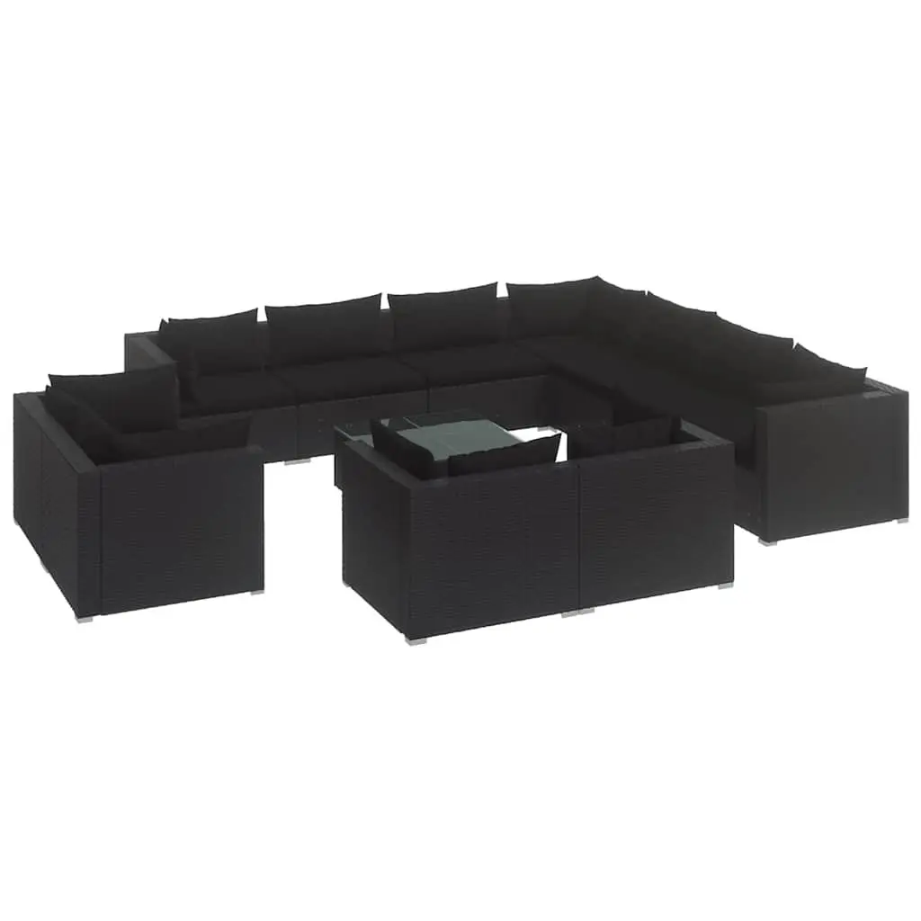 12 Piece Garden Lounge Set Black Poly Rattan Water-resistant Cushions