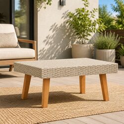 Outdoor Coffee Table Garden Patio Furniture PE Rattan Wooden Legs Beige