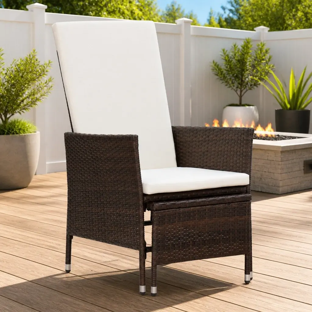 Reclining Garden Chair Brown PE Rattan Adjustable Backrest with Footrest