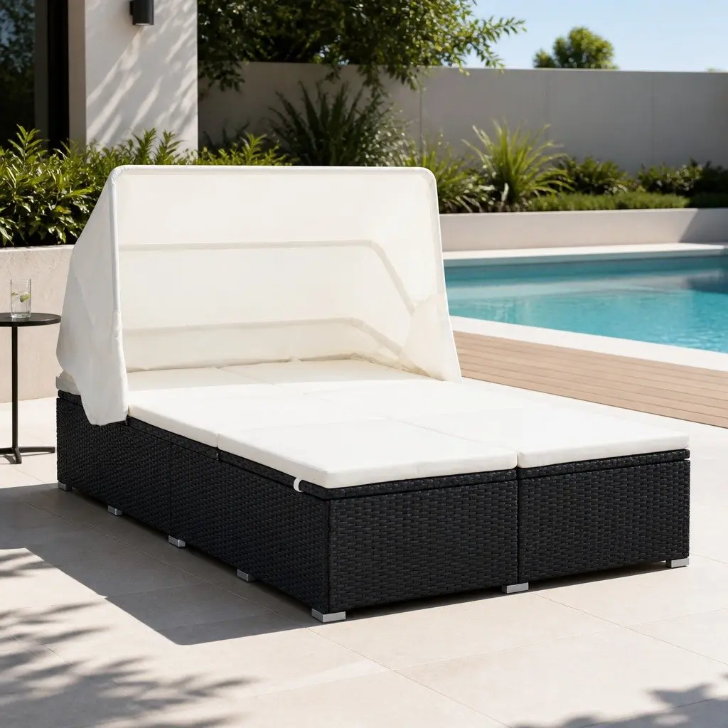 2-Person Sunbed Lounger Adjustable Sides Thickly Padded Cushion Foldable Roof Outdoor Patio Garden