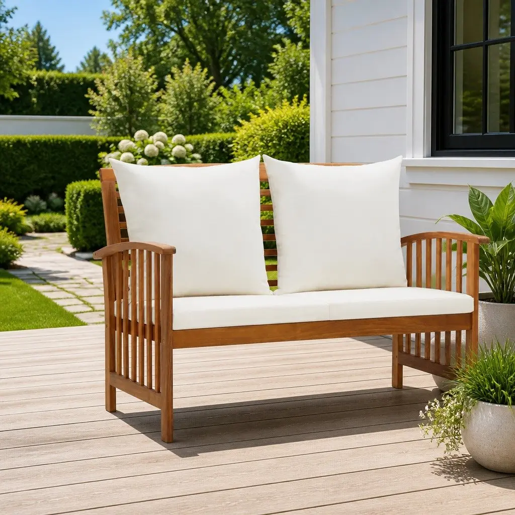 Outdoor Garden Bench 119cm Solid Acacia Wood White Seat with Cushions Backrest