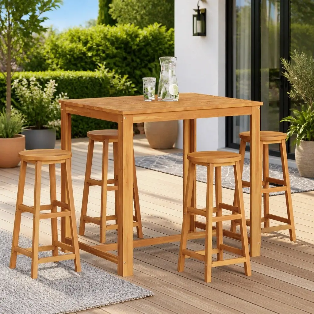 Bar Stools 4 pcs Solid Acacia Wood Brown Weather Resistant Outdoor Garden Seating Chairs