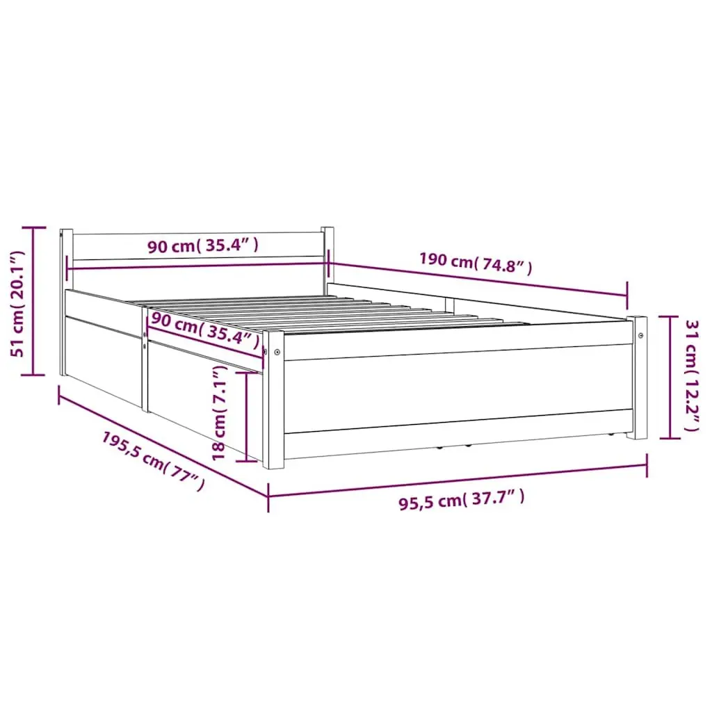Bed Frame 90x190cm White Wooden with Storage Drawers