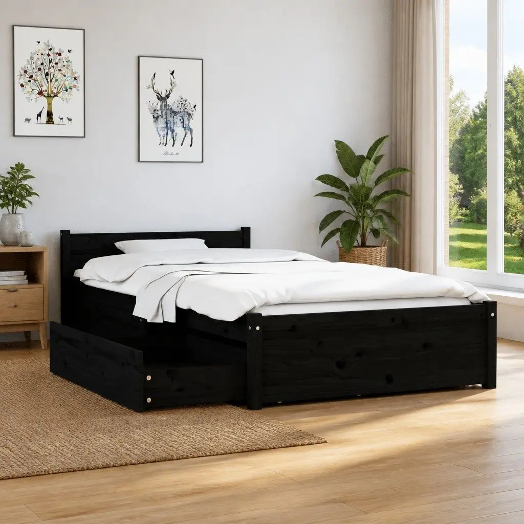 Black Wooden Bed Frame 90x190 cm with Storage Drawers