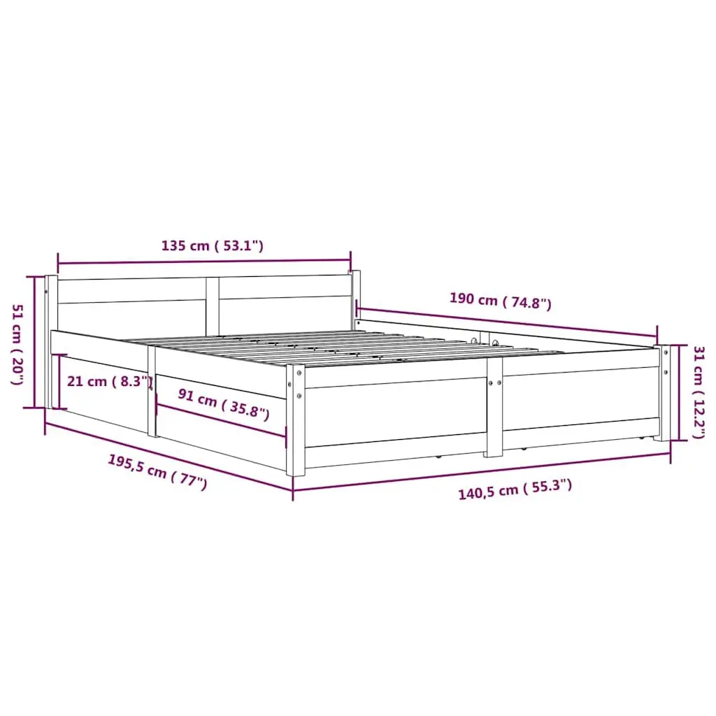 Wooden Bed Frame 135x190cm with Storage Drawers Brown