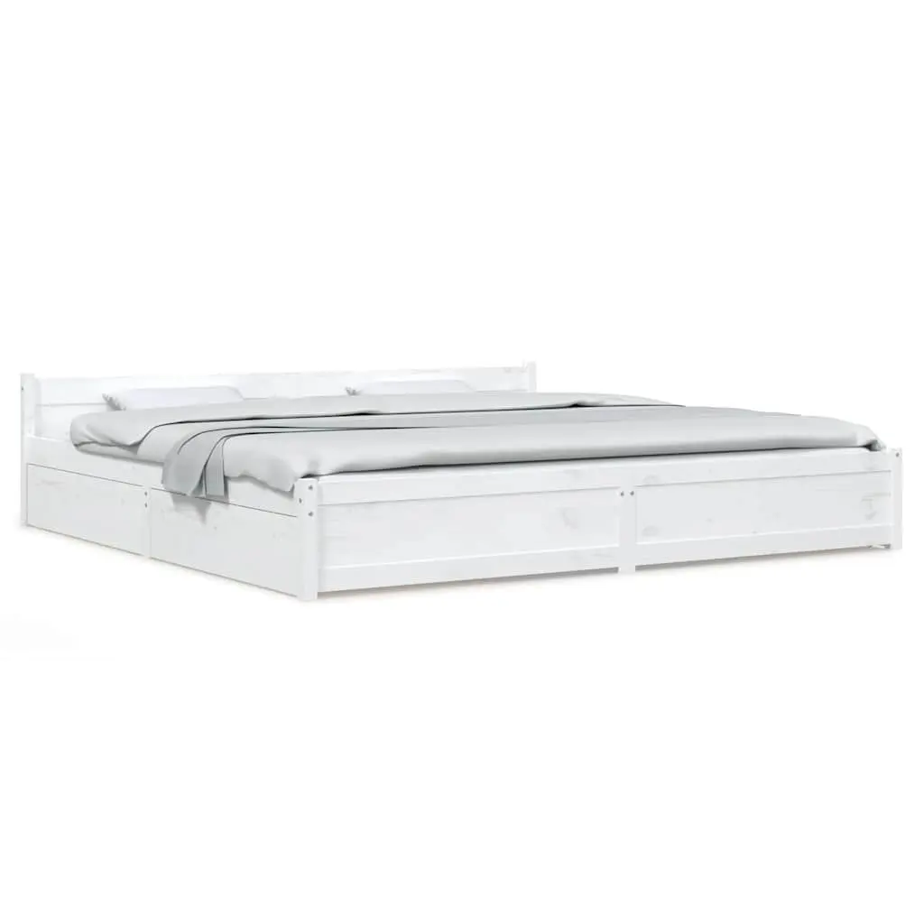 King Bed Frame 183x203 cm Wooden with Storage Drawers White Modern