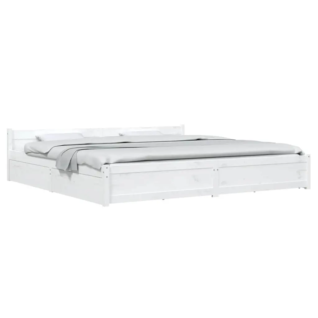 King Bed Frame 183x203 cm Wooden with Storage Drawers White Modern