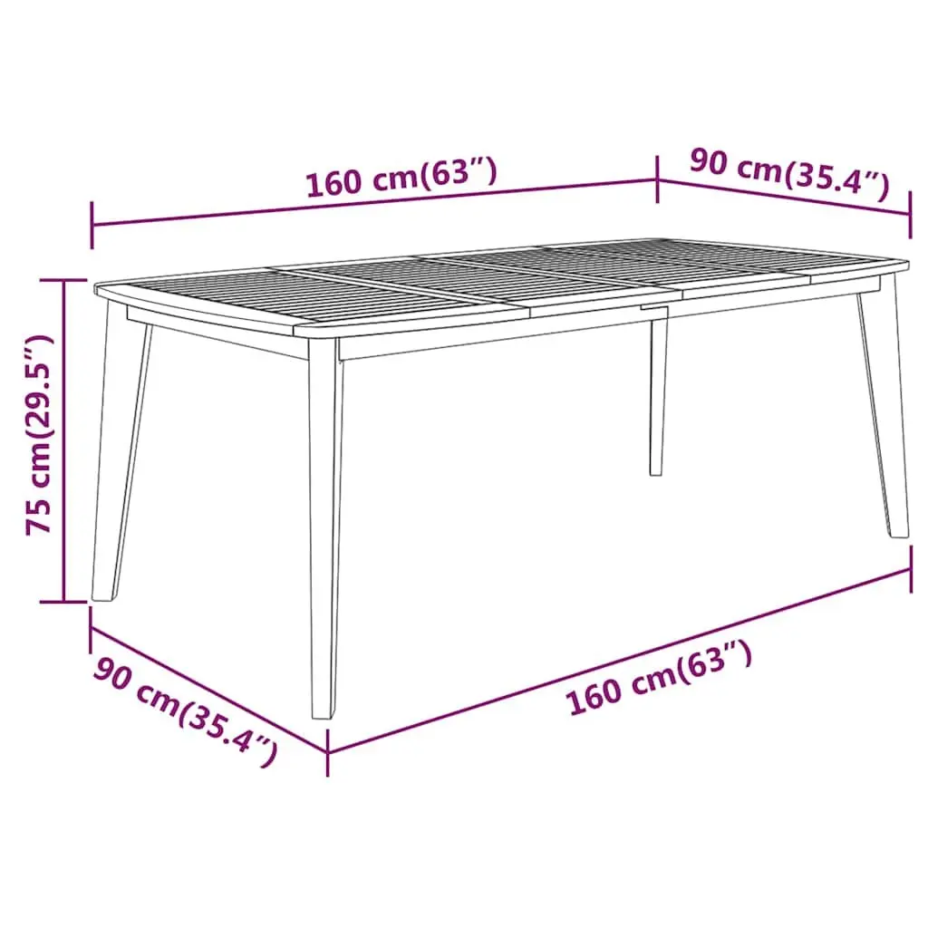 Garden Dining Table 160x90x75 cm Solid Acacia Wood Sturdy Slatted Top Outdoor Furniture
