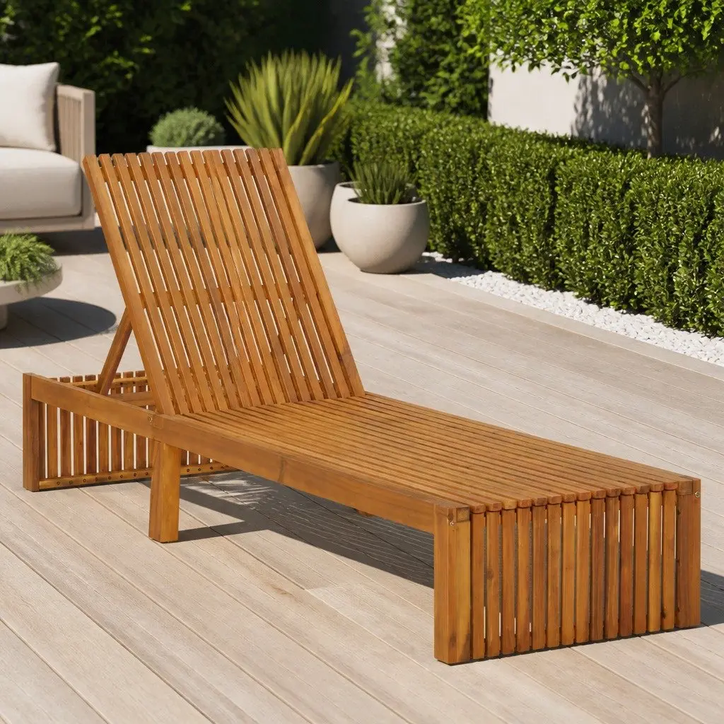 Sun Lounger Solid Acacia Wood Adjustable Backrest Outdoor Garden Patio Furniture