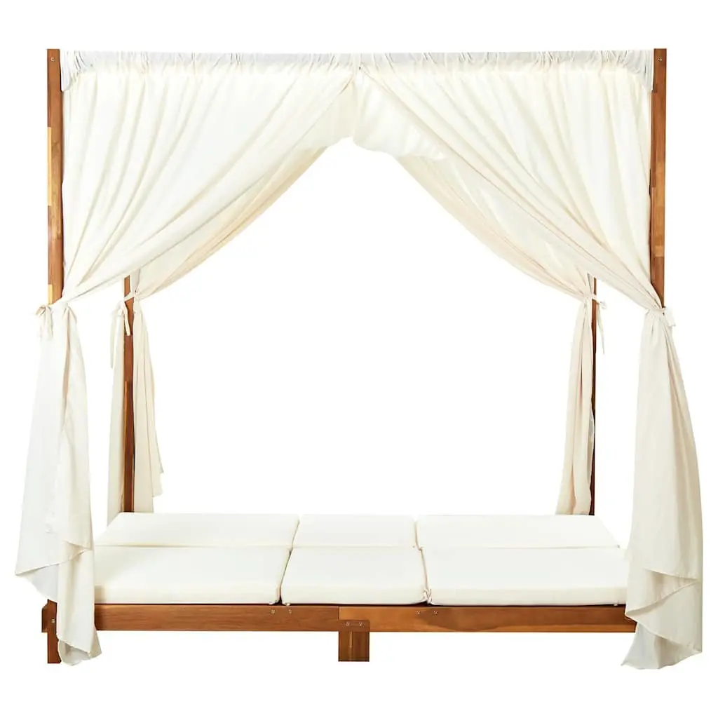 Solid Acacia Wood Double Sun Lounger Garden Patio Furniture Adjustable Backrests Cream Cushions