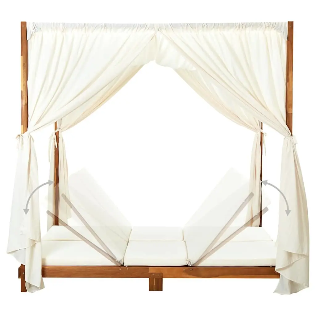Solid Acacia Wood Double Sun Lounger Garden Patio Furniture Adjustable Backrests Cream Cushions