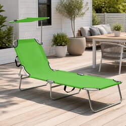 Sun Lounger with Canopy Adjustable Backrest Folding Steel Outdoor Daybed Green