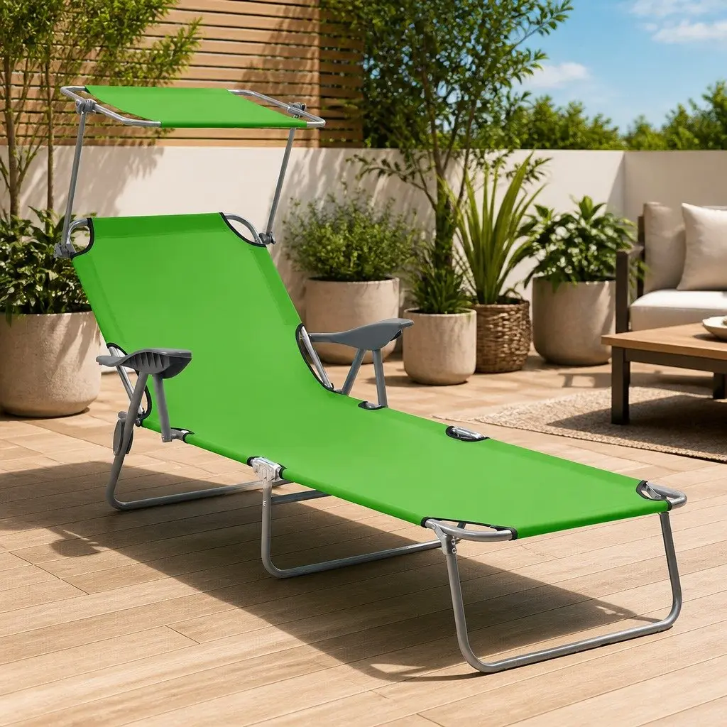 Adjustable Backrest Foldable Beach Lounge Chair with Canopy Green
