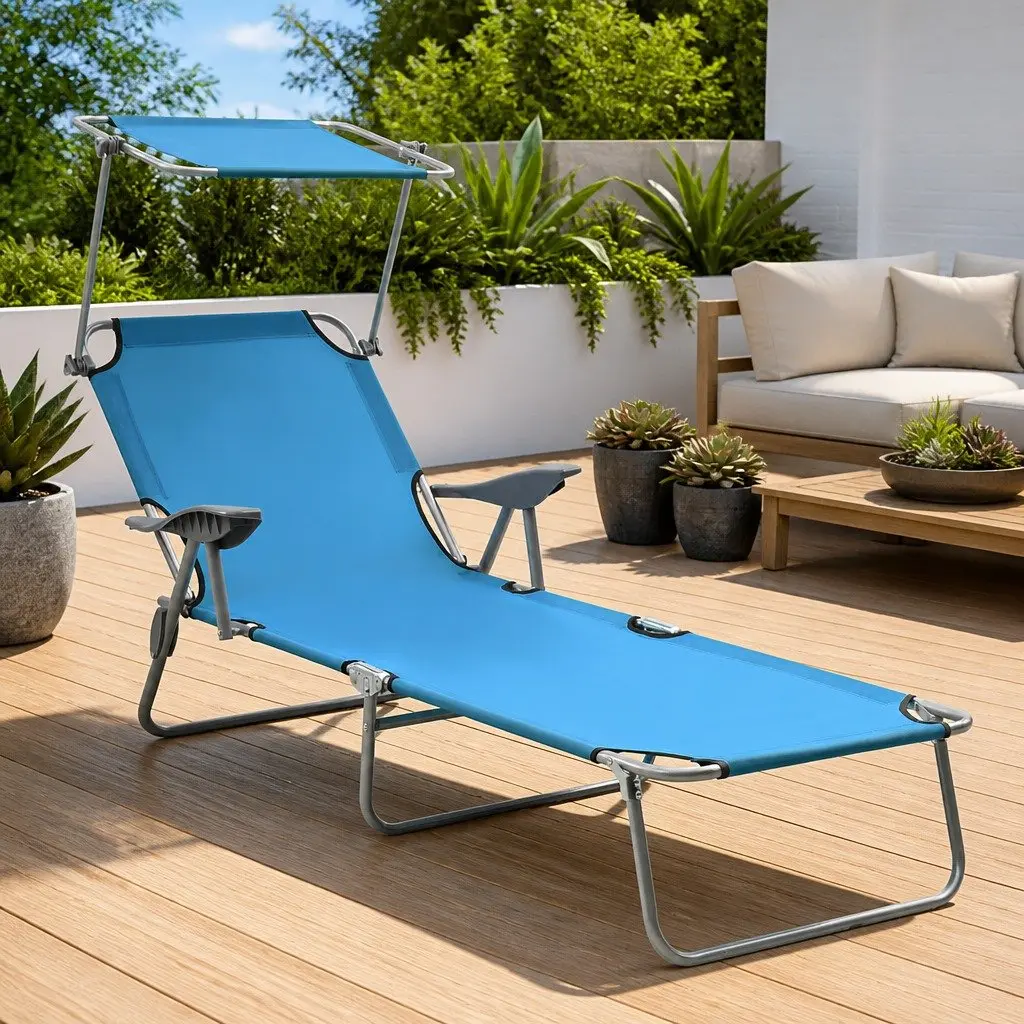 Sun Lounger Adjustable Backrest Foldable with Canopy for Garden Patio Beach