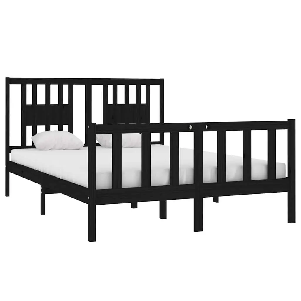 Bed Frame 135x190 cm Black Solid Wood with Headboard and Support Slats