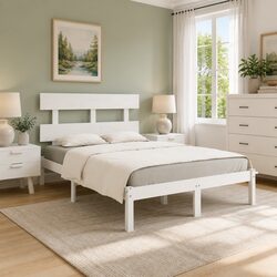 Elegant King Bed Frame in White Pine Wood 183x203 cm