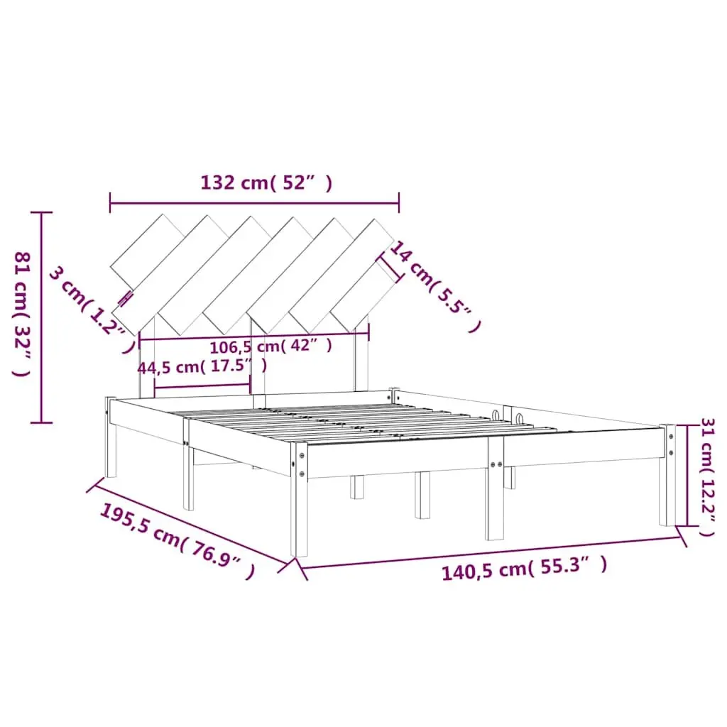 Solid Wood Bed Frame 135x190 cm Brown Classic Headboard Plywood Slats