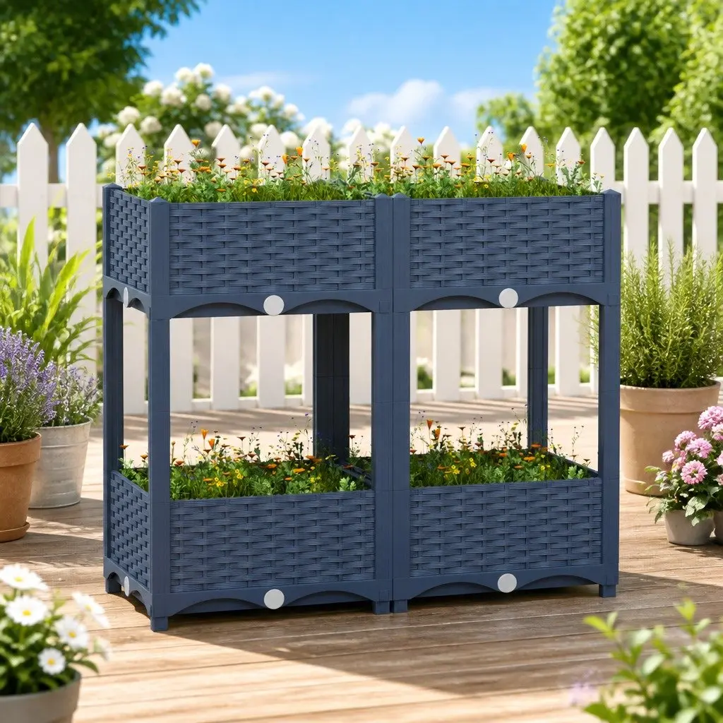 Raised Garden Bed Planter 80L x 40W x 71H cm with 2 Shelves Grey Outdoor Patio Balcony Gardening