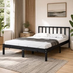 Stylish Black Pine Wood Bed Frame 135x190 cm for Any Bedroom