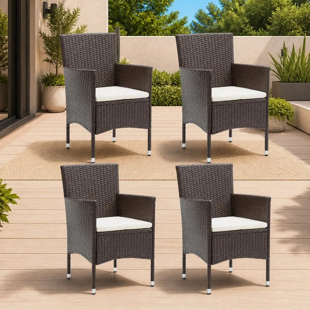 Outdoor Dining Chairs Set 4 pcs Brown Garden Poly Rattan Seat Cushion