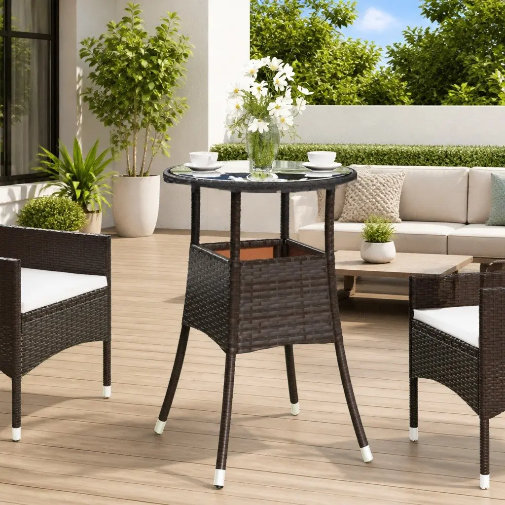 Garden Table Ø60cm Tempered Glass Top Poly Rattan Brown Outdoor Patio Furniture