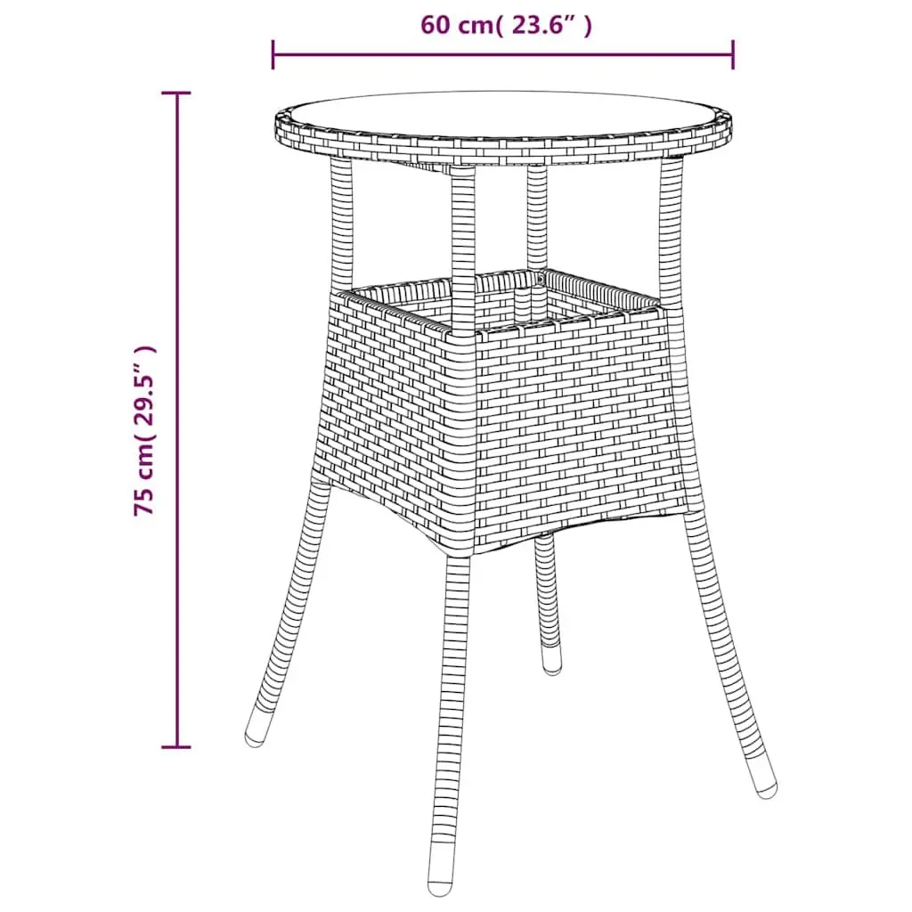 Garden Table Ø60cm Tempered Glass Top Poly Rattan Brown Outdoor Patio Furniture