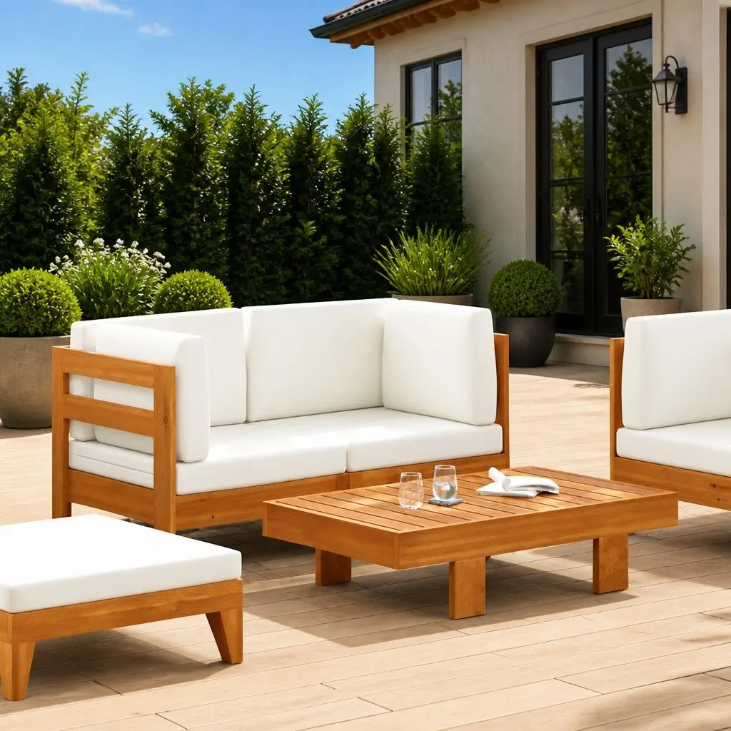 2 Piece Outdoor Garden Lounge Set Sofa Table Cream Cushions Acacia Wood