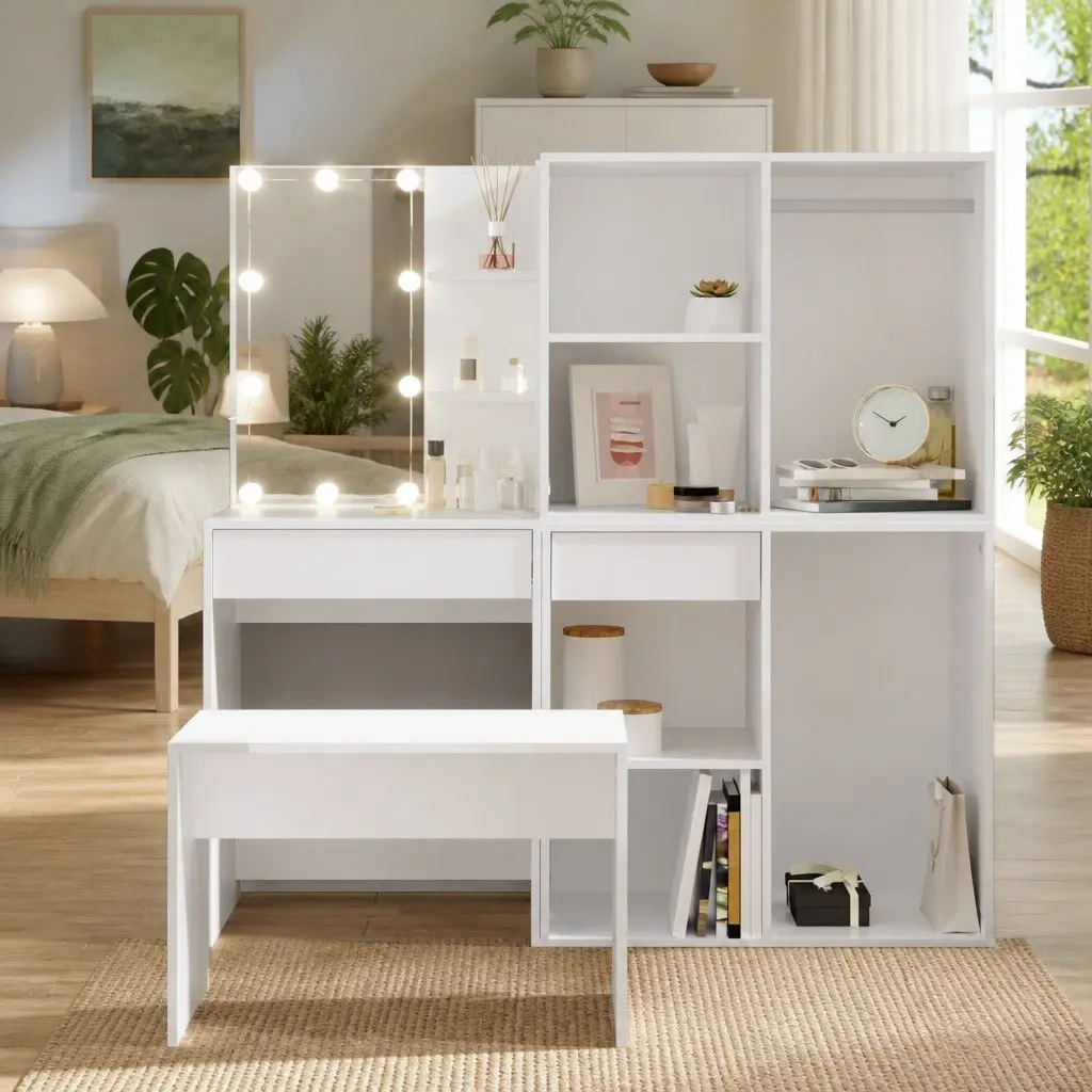 Dressing Table Set White LED Mirror Utility Stool Storage Makeup