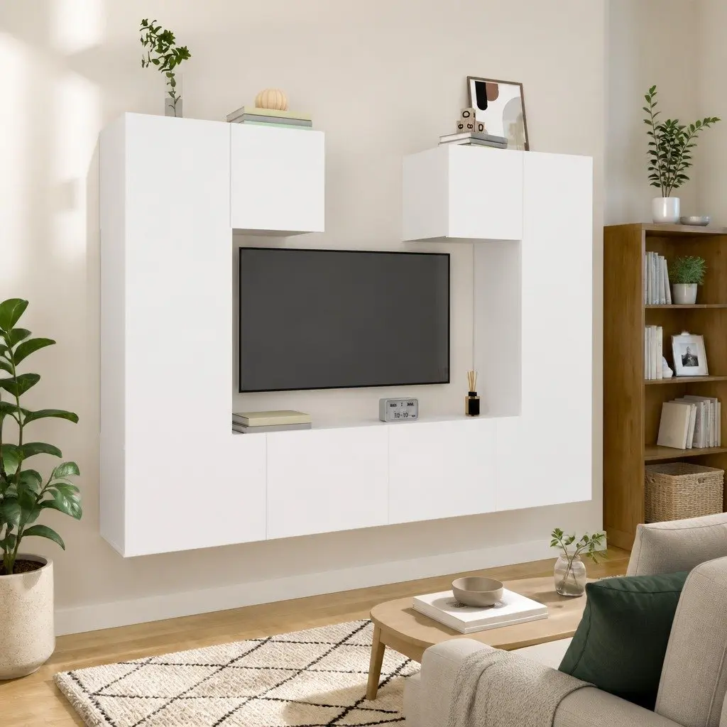 6 Piece Engineered Wood TV Cabinet Set Wall-Mounted Storage Unit White Finish