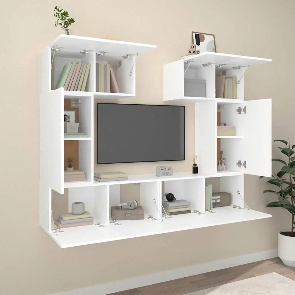 6 Piece Engineered Wood TV Cabinet Set Wall-Mounted Storage Unit White Finish