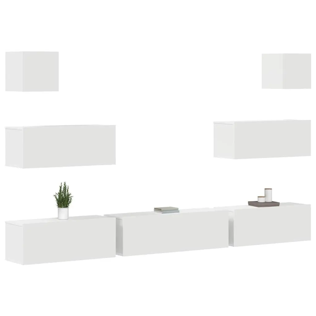 White Wall-Mounted 7 Piece Engineered Wood TV Cabinet Set Storage Unit