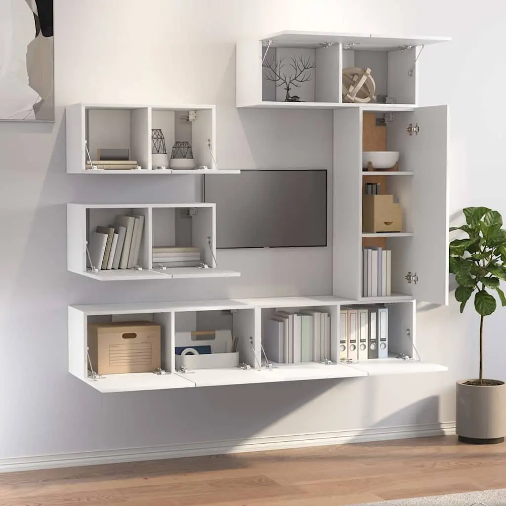 White Engineered Wood TV Cabinet Set 6 Piece Wall Mounted Storage Unit