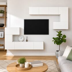 Wall-mounted TV Cabinet White Engineered Wood Floating Storage Unit Shelves