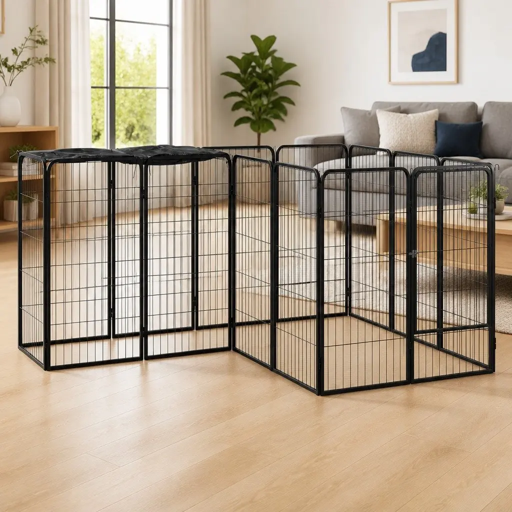 14 Panel Dog Playpen Outdoor Exercise Pen Heavy Duty Black Steel Construction