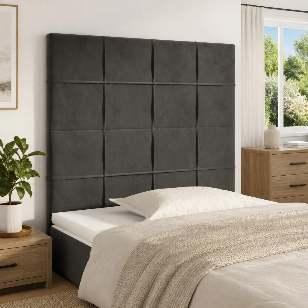Adjustable Height Dark Grey Velvet Headboard with Sturdy Wooden Legs for Bedroom Furniture
