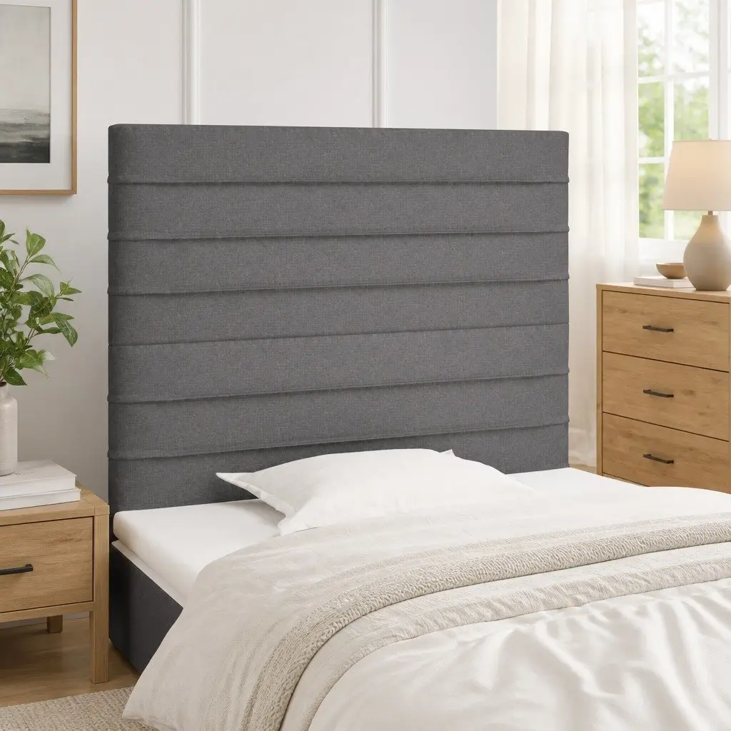 Fabric Headboard Dark Grey Adjustable Height Wooden Legs Back Support