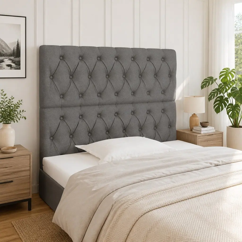 Adjustable Height Fabric Headboard Grey Bed Back Support Wooden Legs