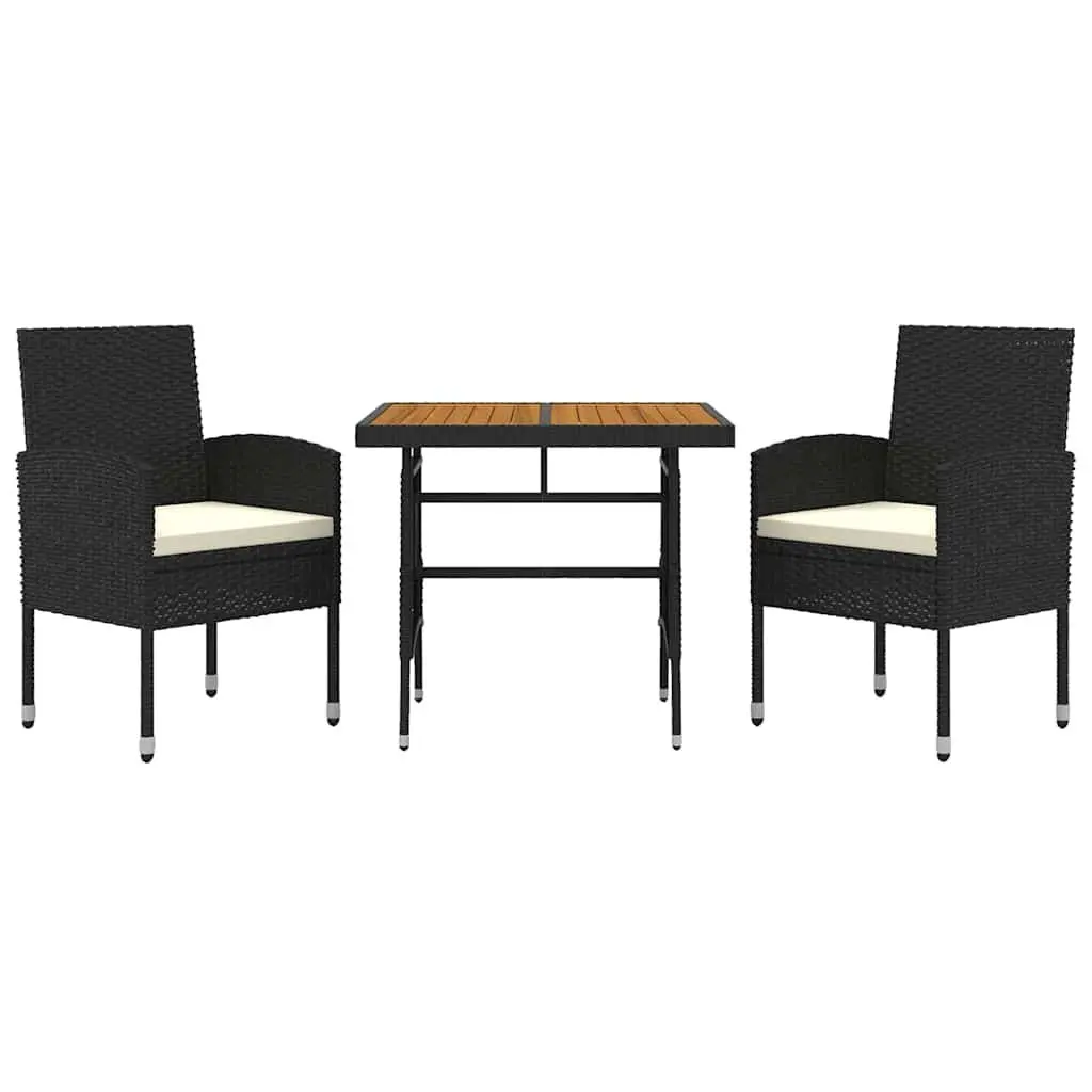 3 Piece Outdoor Dining Set Black Waterproof PE Rattan Solid Acacia Wood Table Ergonomic Chairs