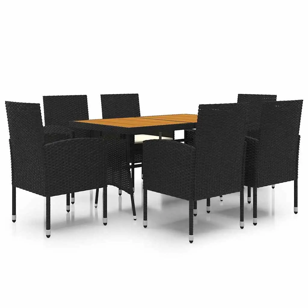 Outdoor Dining Set 7 Piece Black Steel Frame PE Rattan Acacia Wood Table and Chairs
