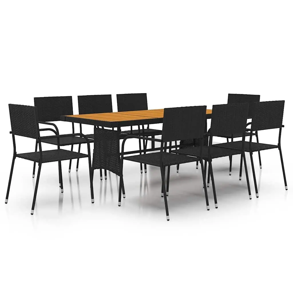 Outdoor Dining Set 9 Piece Black Patio Garden Furniture Steel Frame PE Rattan Seating Acacia Wood Tabletop