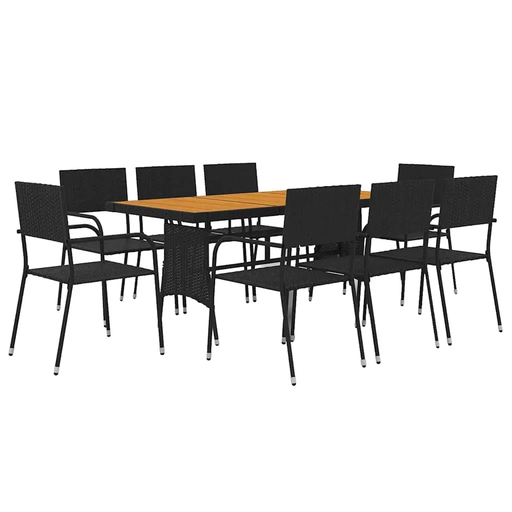 Outdoor Dining Set 9 Piece Black Patio Garden Furniture Steel Frame PE Rattan Seating Acacia Wood Tabletop