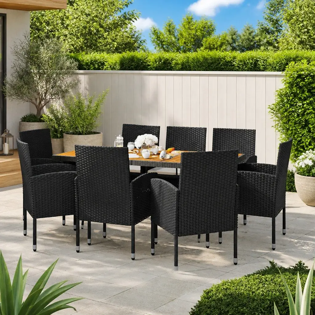 9 Piece Outdoor Dining Set Black Poly Rattan Waterproof with Cushions and Acacia Wood Table