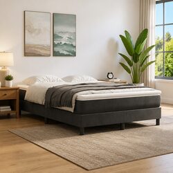 Box Spring Bed Frame Queen Size Grey Velvet Upholstered Bedroom Furniture