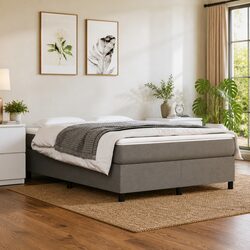Box Spring Bed Frame Double Grey Fabric Bedroom Furniture Supportive Slats