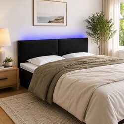 LED Headboard 144 cm Black Faux Leather Bed Head with Adjustable Height Lights