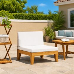 Outdoor Sectional Sofa Middle Seat White Cushions Solid Acacia Wood Garden