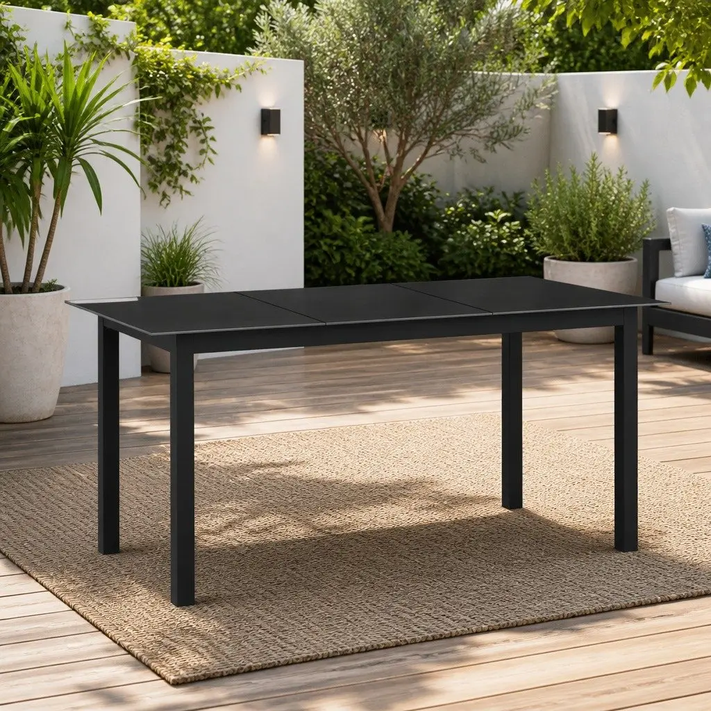 Garden Dining Table 150x90cm Black Aluminium Frame Glass Outdoor