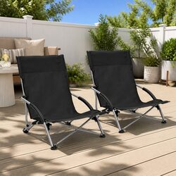 Outdoor Folding Beach Chairs Set of 2 Black Camping Garden Seating Portable